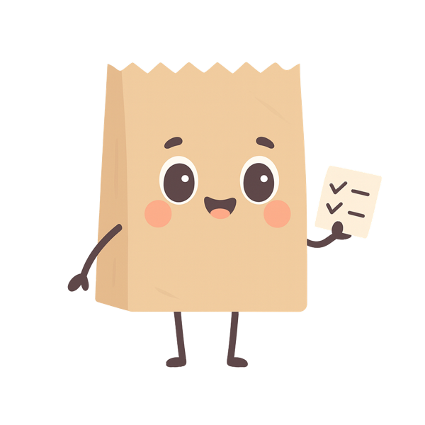 Mealo's shopping-bag mascot holding a checklist.