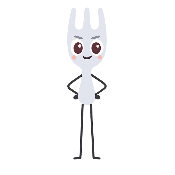 Mealo's fork mascot, a friendly cartoon character.