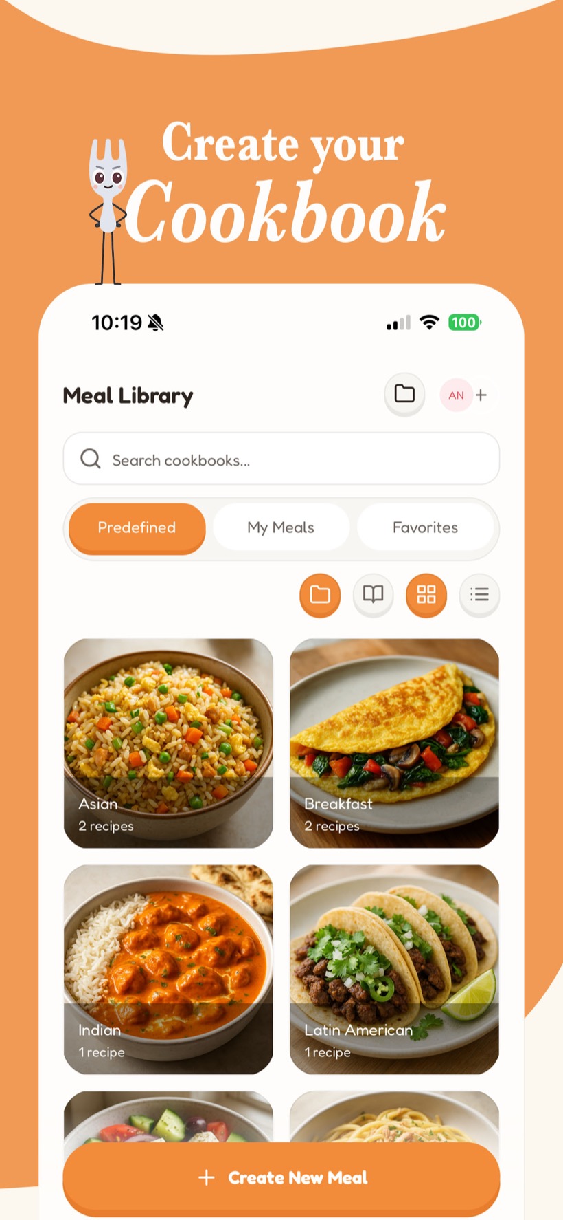 Mealo's meal library, with saved recipes organized into cookbooks by cuisine.