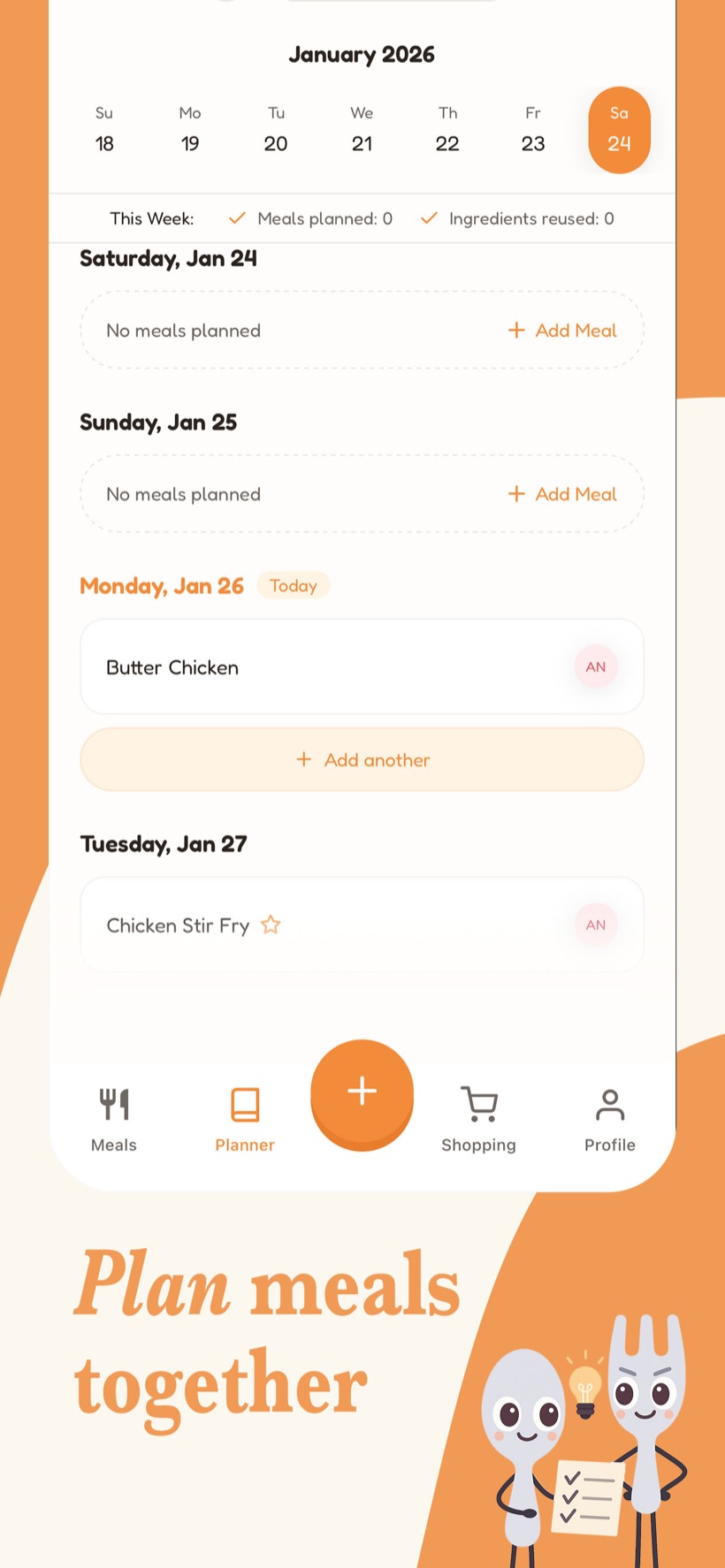 Mealo's weekly planner: a shared week calendar showing which meals each person is cooking each day.