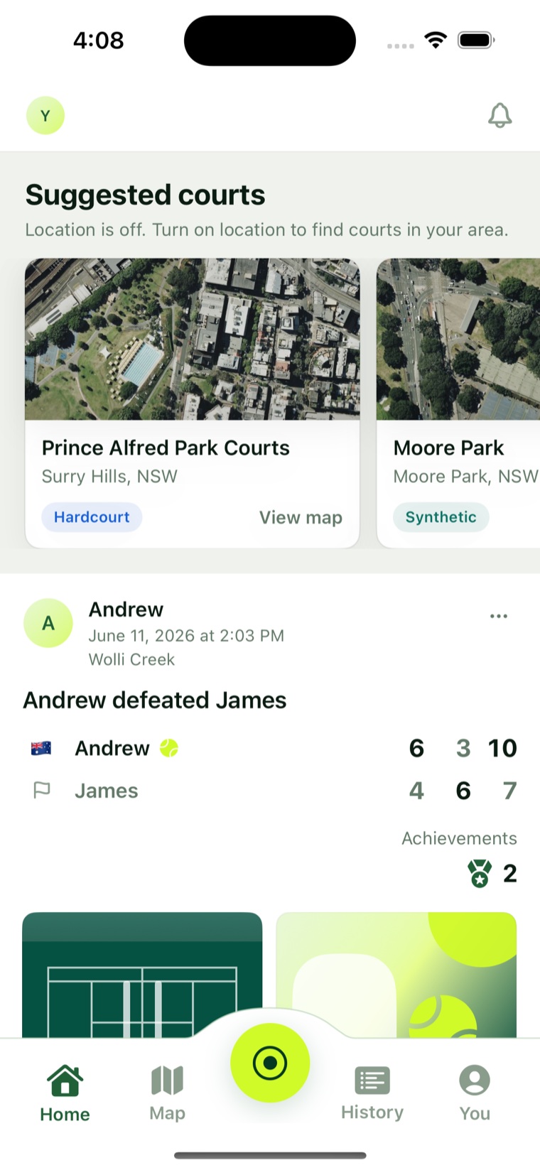 Rallio's home feed showing suggested courts, a match result between two players, and achievements.